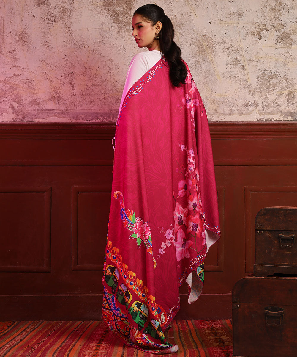 Pink Motif Printed Truck Art Shawls