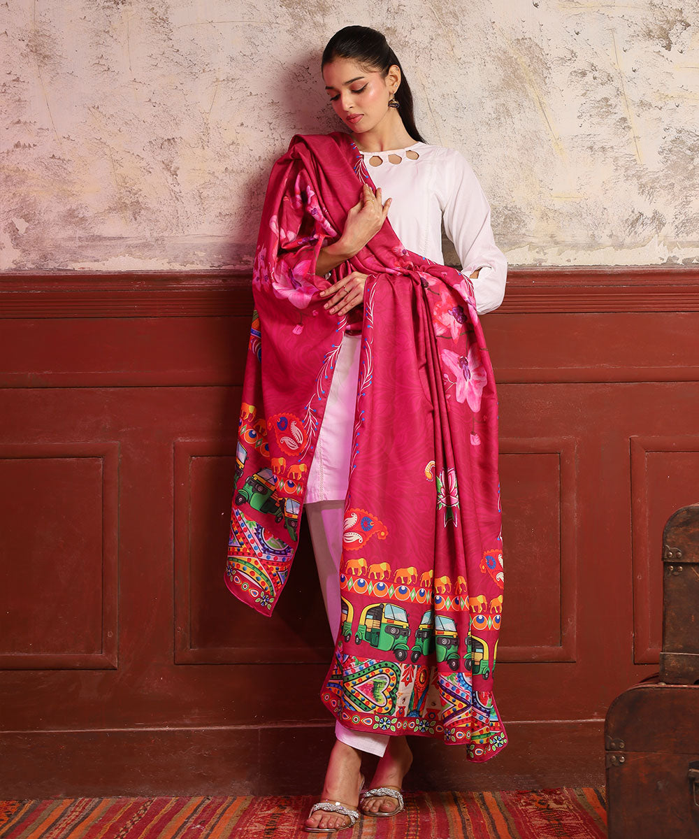 Pink Motif Printed Truck Art Shawls